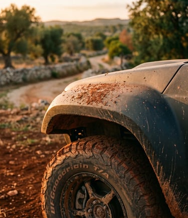 Close-up of muddy buggy wheel arch covered in red Puglia earth at golden hour