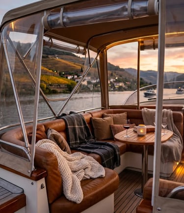 Cozy yacht interior with transparent bimini enclosure, blankets, and wine at sunset.