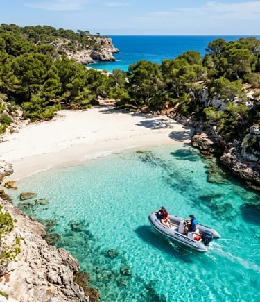 Inflatable dinghy arriving at pristine white sand beach in hidden Menorca cove
