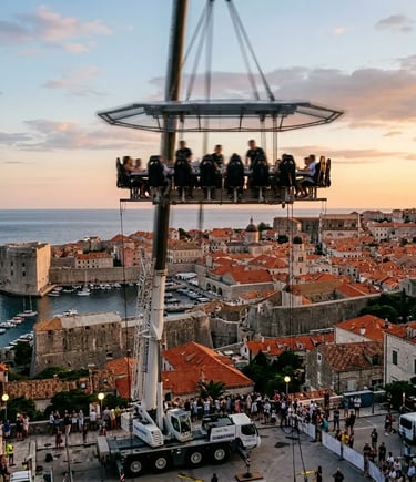 Dinner in the Sky Dubrovnik platform elevated 50 meters above Old Town rooftops at golden hour