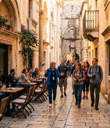  Licensed guide leading travelers through Diocletian's Palace stone alleyways in Split, Croatia.