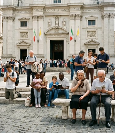 Diverse Catholic pilgrims praying and reading in front of Italian shrine basilica