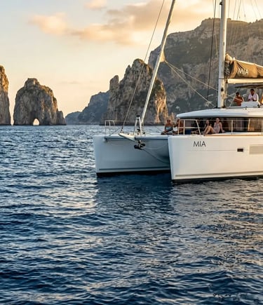 Catamaran anchored near Capri Faraglioni rocks at sunset during private yacht tour