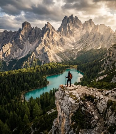 Solo hiker standing on rocky cliff above turquoise Alpine lake in Dolomites
