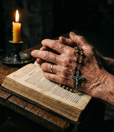 Elderly hands clasped with rosary beads resting on open Bible beside lit candle