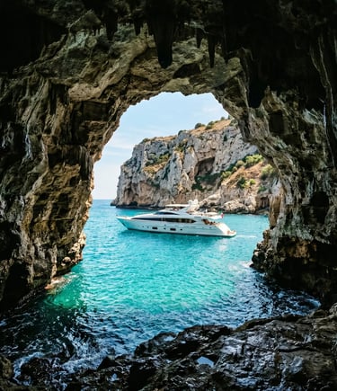 Luxury yacht framed by sea cave arch on Polignano a Mare coastline with turquoise Adriatic water