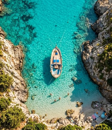 Aerial view of wooden boat anchored in turquoise Capri cove with swimmers in crystal clear water