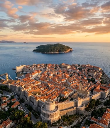 Aerial view of Dubrovnik old town walls and Lokrum Island at sunset over Adriatic Sea