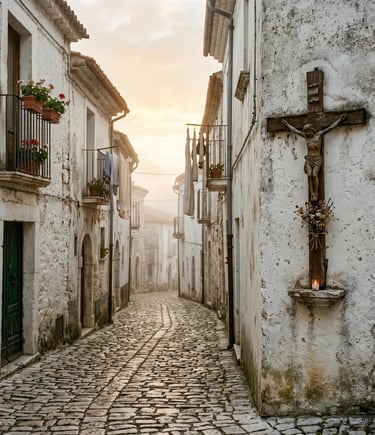 Cobblestone alley in Pietrelcina with crucifix on whitewashed wall at sunrise
