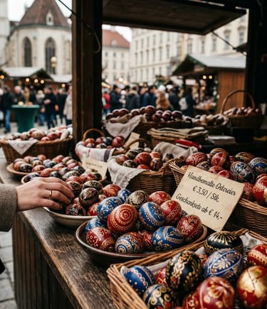 Hand-painted Easter eggs in red and blue folk patterns at Vienna market stall