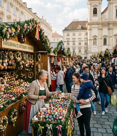 Vienna Freyung Easter Market stall with hand-painted Easter eggs and artisan vendor