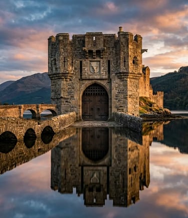 Eilean Donan Castle at golden hour with stone bridge and perfect reflection in Loch Duich
