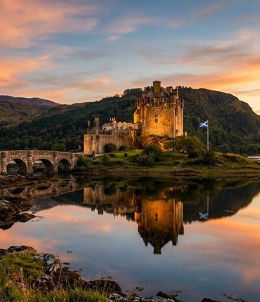 Eilean Donan Castle Reflected in Loch Duich at Golden Hour With Scottish Flag