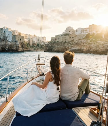 Couple on bow of private charter at golden hour viewing Polignano a Mare cliffs in Apulia