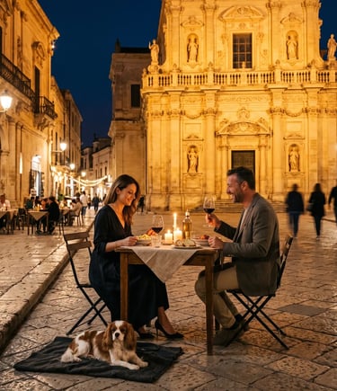 Couple enjoying romantic candlelit dinner with dog in front of illuminated Lecce Baroque cathedral