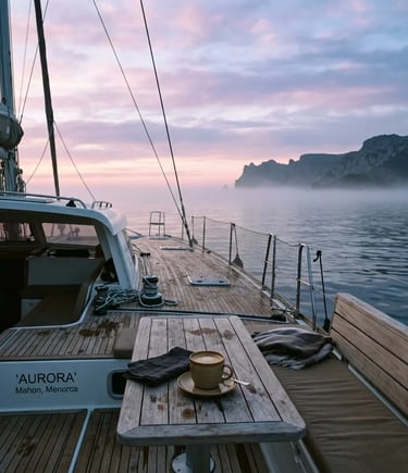 Morning coffee on teak catamaran deck at dawn with misty Menorca cliffs