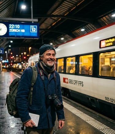 Smiling traveler with camera and backpack on Zurich HB night platform, clock showing 22:10
