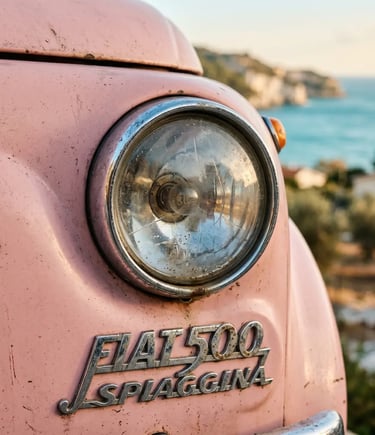 Detailed shot of classic pink Fiat 500 Spiaggina badge and headlight with Puglia coast behind