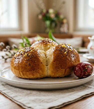 Traditional Viennese Osterpinze Easter bread with anise and lemon zest served with hand-painted Easter egg
