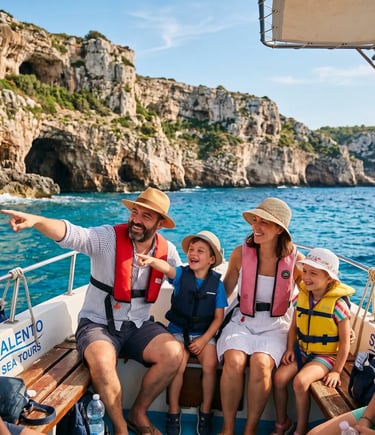 Happy family with two children wearing life jackets on Salento Sea Tours boat near limestone cliffs