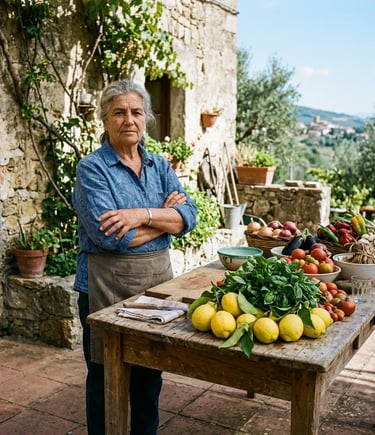 Farmhouse matriarch standing beside table of fresh organic lemons and vegetables in Agerola