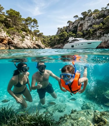 Family snorkeling in crystal clear water near private yacht in Menorca cove