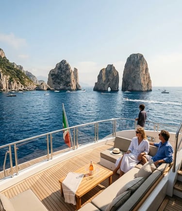 Guests on yacht aft deck viewing Faraglioni rock formations off Capri with Italian flag