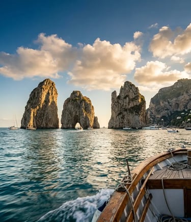 Faraglioni rock formations seen from traditional Gozzo boat deck at golden hour