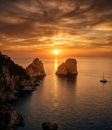 Dramatic sunset over Faraglioni rocks in Capri with catamaran silhouette on calm sea