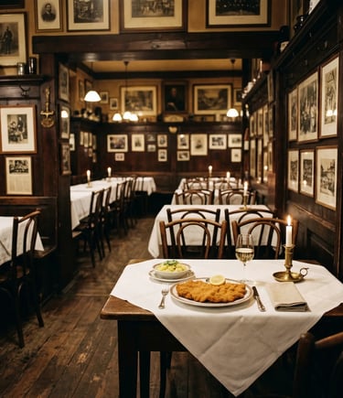 Candlelit Figlmüller dining room, dark wood walls, framed prints, schnitzel on white linen