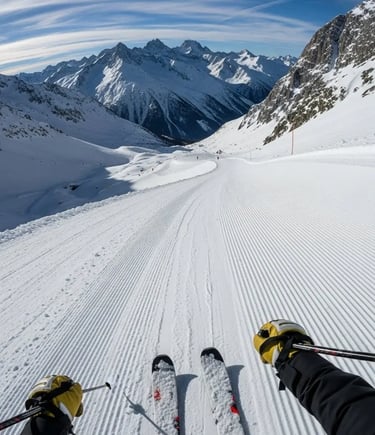 Skier’s perspective showing fresh first tracks on a groomed slope in Val d’Isère.