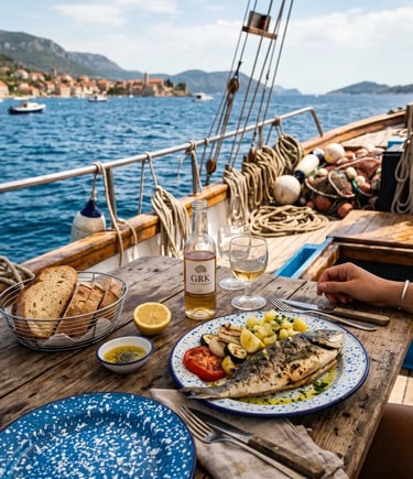 Grilled fish with vegetables, bread and local white wine on wooden deck, Croatian coast behind