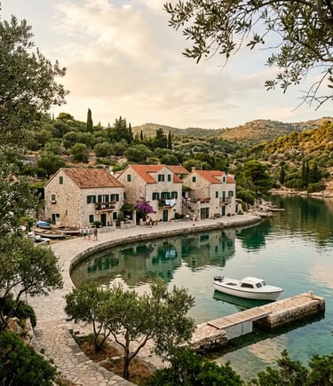 Stone houses with green shutters along Maslinica harbor on Šolta island Croatia