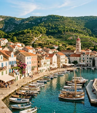 Colorful harbor of Komiža fishing village on Vis island with traditional boats, Croatia