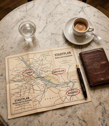 Vintage map with Vienna Bratislava Budapest circled, espresso and passport on marble table