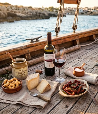 Negroamaro wine, Cacioricotta, taralli and sun-dried tomatoes on rustic boat deck