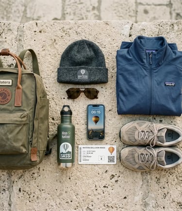 Flat lay of Matera balloon tour essentials: backpack, jacket, beanie, sneakers, water bottle, ticket.