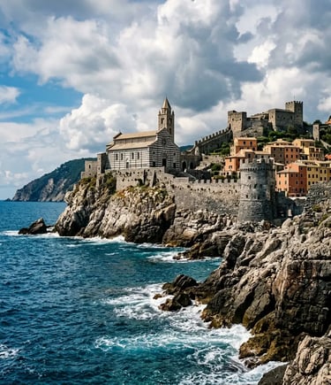 Portovenere fortified church and castle on rocky coastline seen from Mediterranean Sea