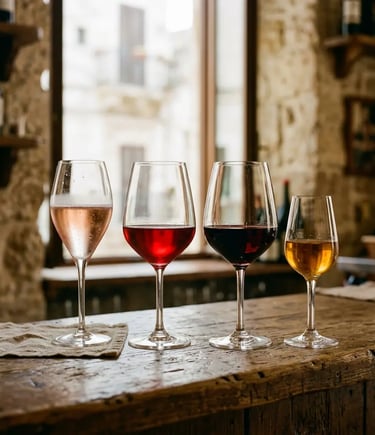 Four wine glasses showing the Primitivo tasting stages from Brut Rosé to Dolce Naturale