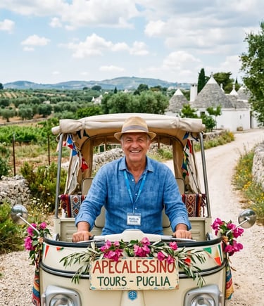 Smiling local guide in Ape Calessino decorated with flowers in Puglia countryside
