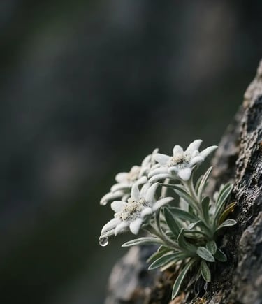 Close-up of white edelweiss flower growing on dolomite rock with water droplet