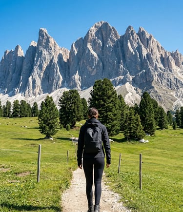 Woman with backpack walking gravel path toward towering Dolomites peaks blue sky