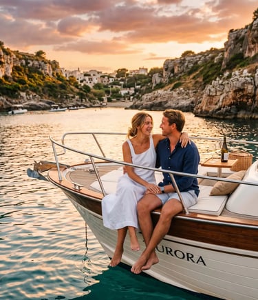 Couple sitting on the bow of a wooden boat at sunset in a secluded limestone cove in Puglia