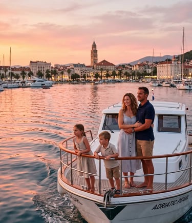 Family on private speedboat returning to Split harbor at sunset after Brač Adriatic tour
