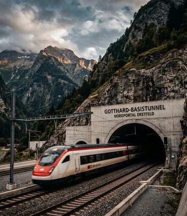 Swiss SBB train entering Gotthard Base Tunnel portal beneath dramatic alpine peaks