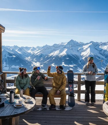 Group of five skiers and snowboarders relaxing on a wooden deck outside a cabin on a sunny mountain 