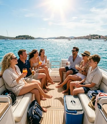 Guests laughing with drinks aboard Magnific Raptor during Blue Lagoon boat tour