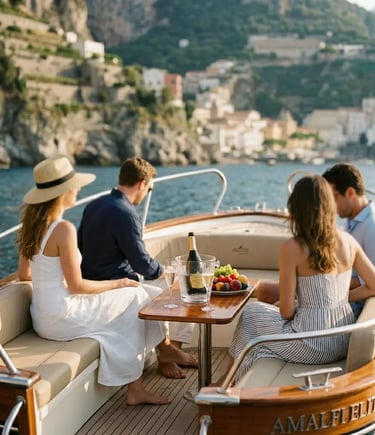 Guests relaxing with prosecco on a luxury tender along the Amalfi Coast