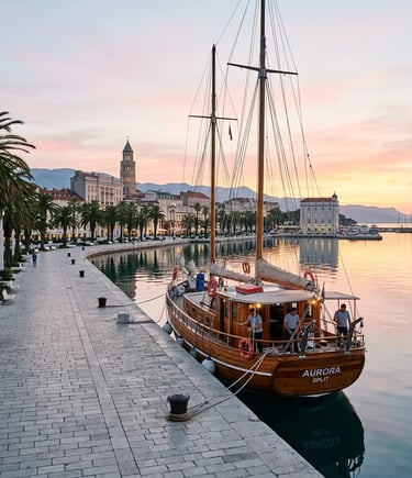 Traditional wooden gulet docked at Split waterfront promenade Riva at golden sunrise