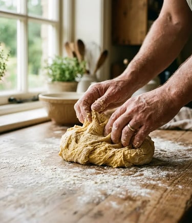 Close-up of hands kneading fresh pasta dough on rustic wooden table in Italian farmhouse kitchen